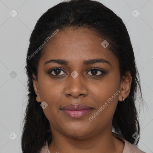 Joyful black young-adult female with medium  black hair and brown eyes