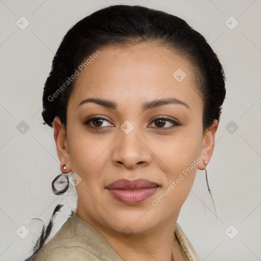 Joyful latino young-adult female with short  brown hair and brown eyes