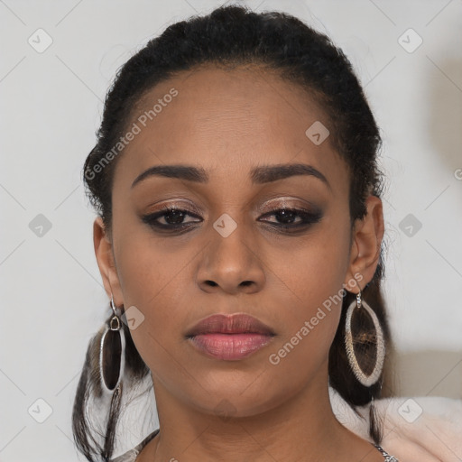 Joyful latino young-adult female with medium  brown hair and brown eyes