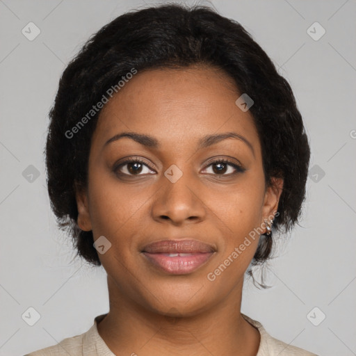 Joyful black young-adult female with medium  black hair and brown eyes