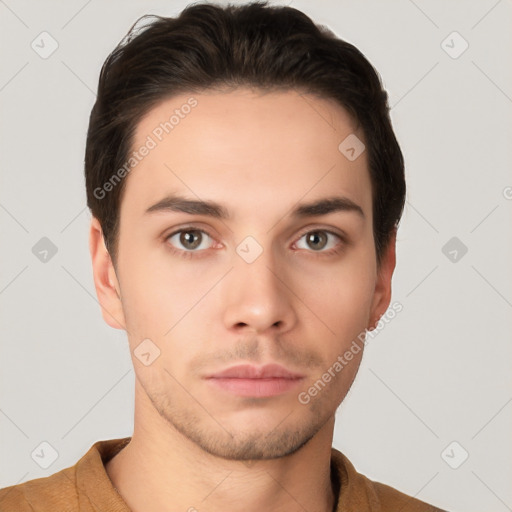 Neutral white young-adult male with short  brown hair and brown eyes