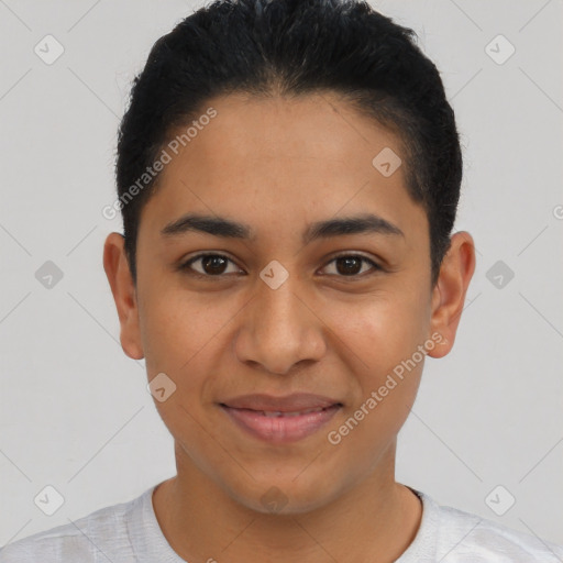 Joyful latino young-adult female with short  black hair and brown eyes