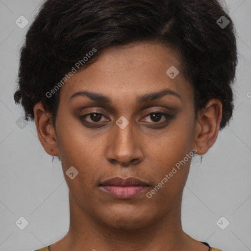 Neutral latino young-adult female with short  brown hair and brown eyes