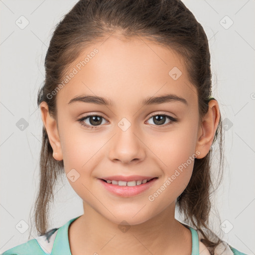 Joyful white child female with medium  brown hair and brown eyes