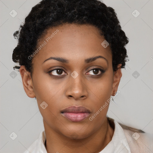 Neutral black young-adult female with short  black hair and brown eyes