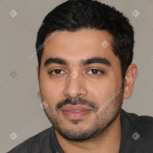 Neutral latino young-adult male with short  black hair and brown eyes