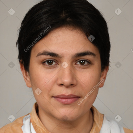 Joyful white young-adult female with short  brown hair and brown eyes