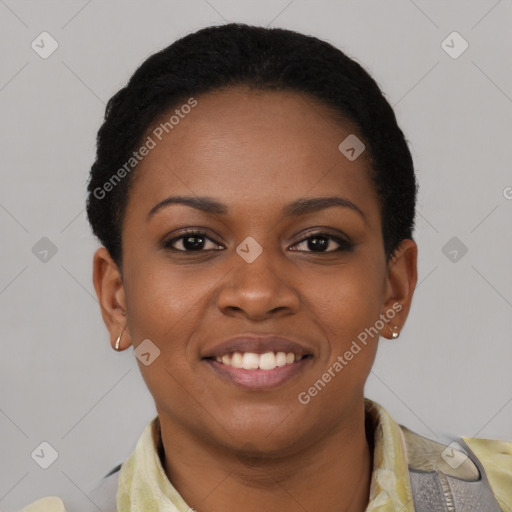 Joyful latino young-adult female with short  black hair and brown eyes