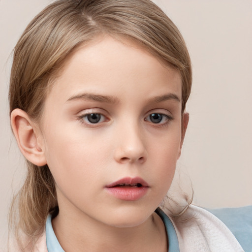 Neutral white child female with medium  brown hair and grey eyes