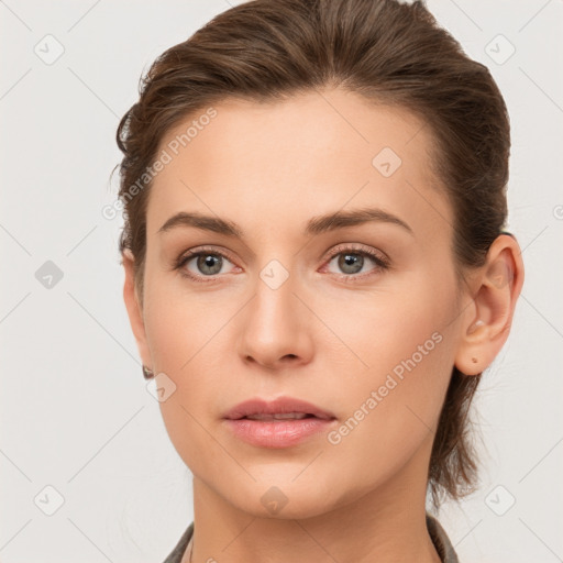 Neutral white young-adult female with short  brown hair and brown eyes