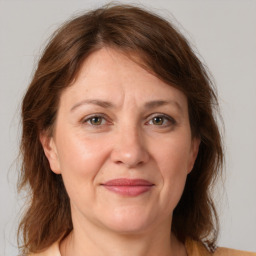 Joyful white adult female with medium  brown hair and grey eyes