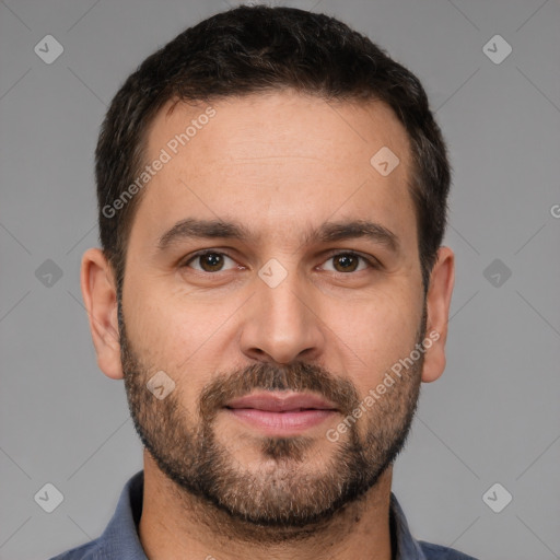 Neutral white young-adult male with short  brown hair and brown eyes