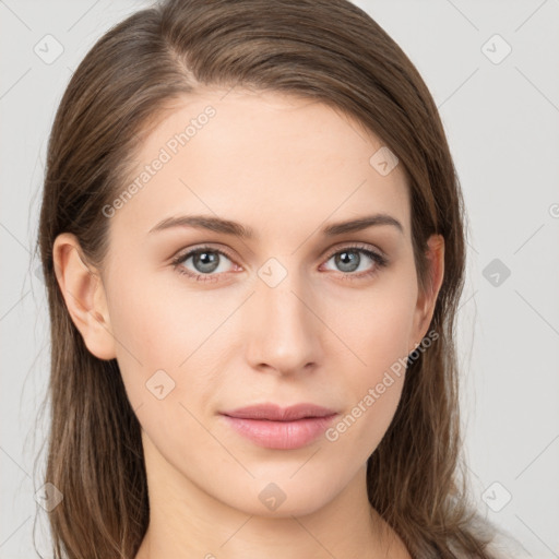 Neutral white young-adult female with long  brown hair and grey eyes