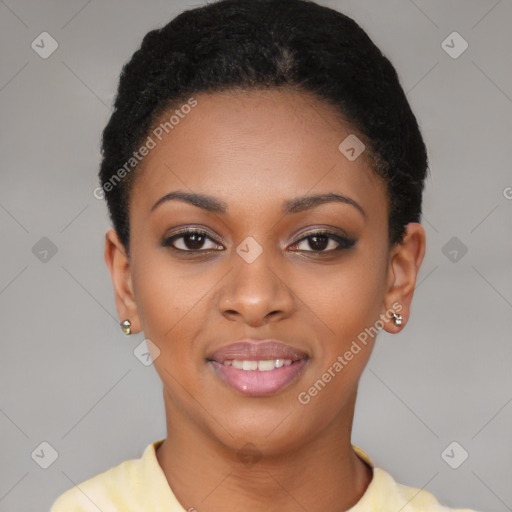 Joyful black young-adult female with short  black hair and brown eyes