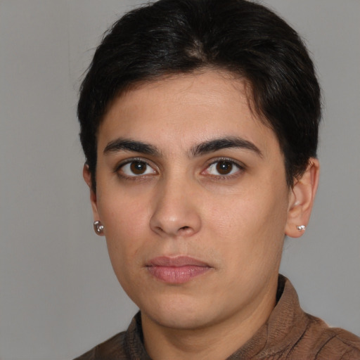 Neutral asian young-adult male with short  brown hair and brown eyes