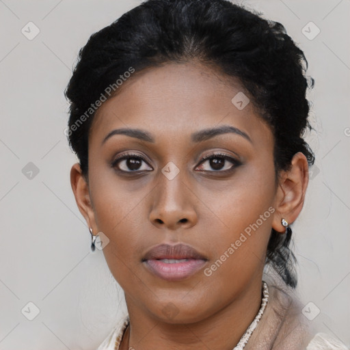 Neutral black young-adult female with short  black hair and brown eyes