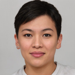 Joyful asian young-adult female with short  black hair and brown eyes