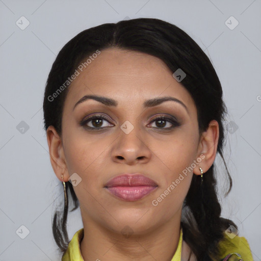 Joyful latino young-adult female with long  brown hair and brown eyes