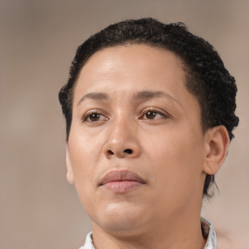 Neutral white adult female with short  brown hair and brown eyes