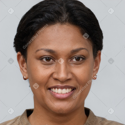 Joyful latino young-adult female with short  brown hair and brown eyes