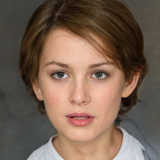 Neutral white young-adult female with medium  brown hair and brown eyes