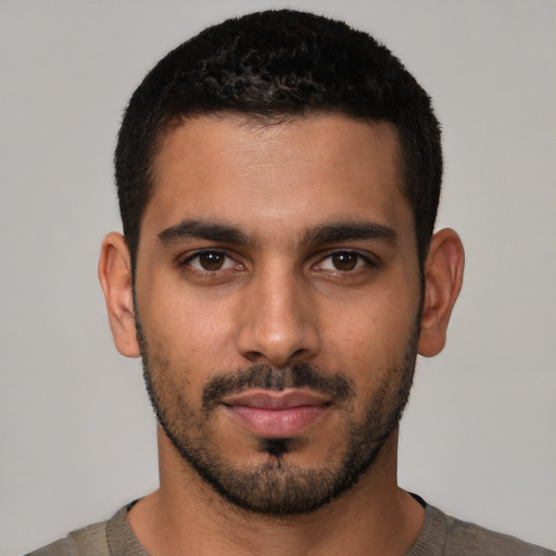 Neutral latino young-adult male with short  black hair and brown eyes