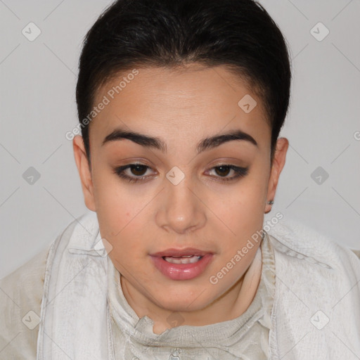 Joyful white young-adult female with short  brown hair and brown eyes