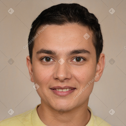 Joyful white young-adult male with short  brown hair and brown eyes