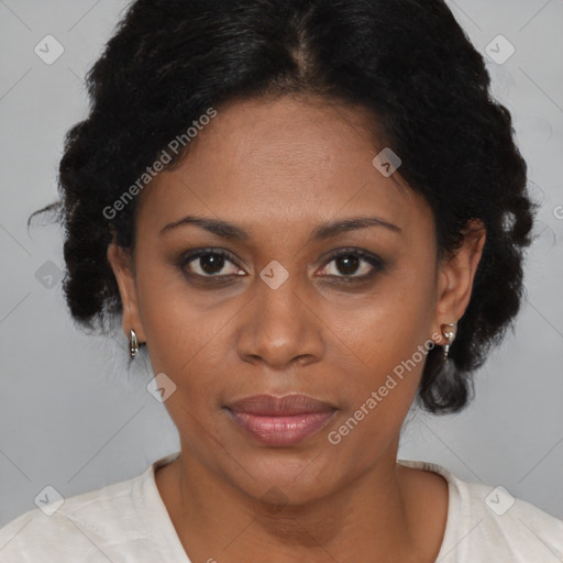 Joyful black adult female with short  brown hair and brown eyes