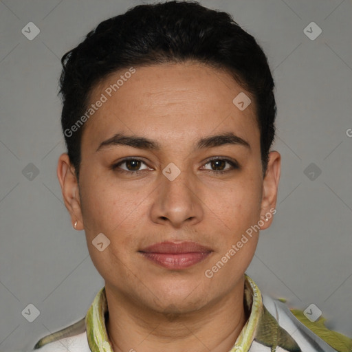 Joyful white young-adult female with short  brown hair and brown eyes