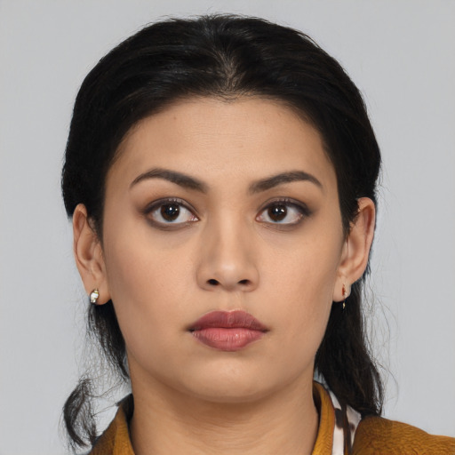 Neutral asian young-adult female with medium  black hair and brown eyes