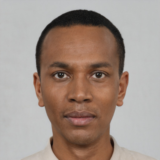 Neutral black young-adult male with short  black hair and brown eyes
