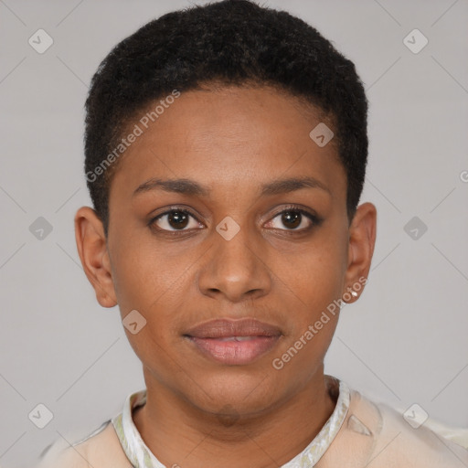 Joyful black young-adult female with short  brown hair and brown eyes