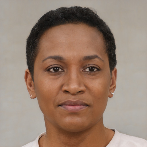 Joyful black young-adult female with short  brown hair and brown eyes