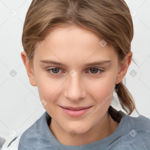 Joyful white child female with medium  brown hair and brown eyes