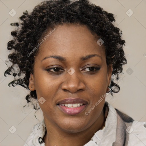 Joyful black adult female with short  brown hair and brown eyes