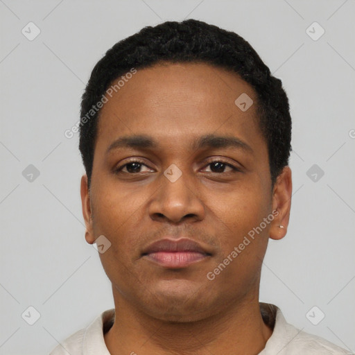 Neutral latino young-adult male with short  black hair and brown eyes