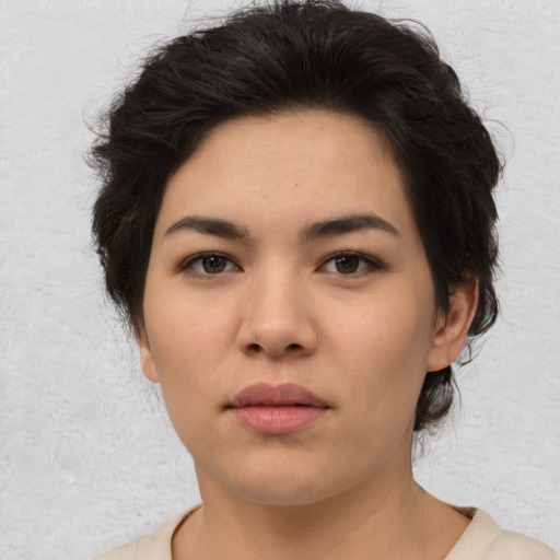 Neutral asian young-adult female with short  brown hair and brown eyes
