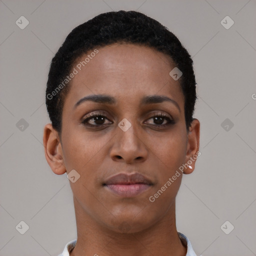 Neutral black young-adult female with short  brown hair and brown eyes