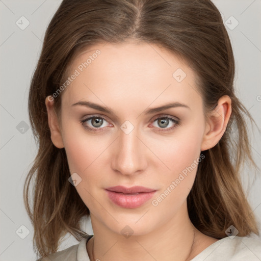 Neutral white young-adult female with medium  brown hair and brown eyes