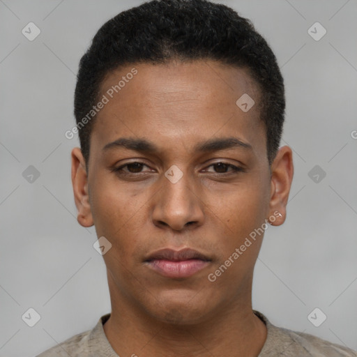 Neutral latino young-adult male with short  black hair and brown eyes