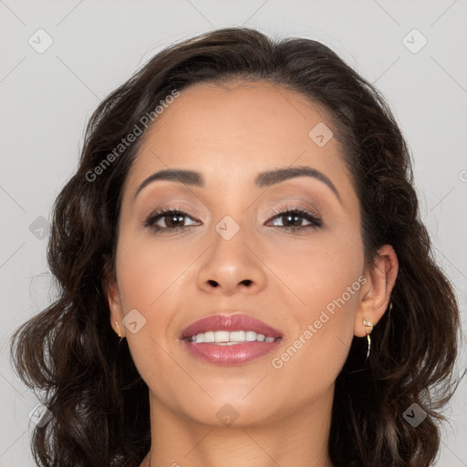 Joyful white young-adult female with long  brown hair and brown eyes