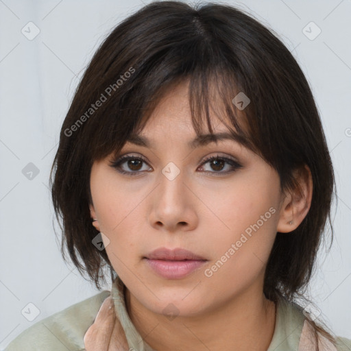 Neutral asian young-adult female with medium  brown hair and brown eyes