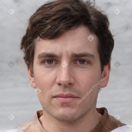 Neutral white young-adult male with short  brown hair and grey eyes