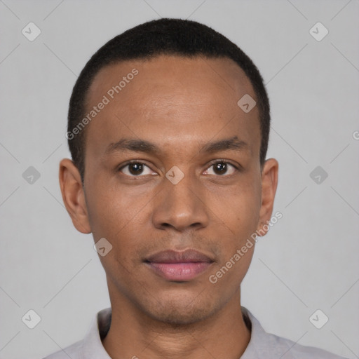 Neutral black young-adult male with short  black hair and brown eyes