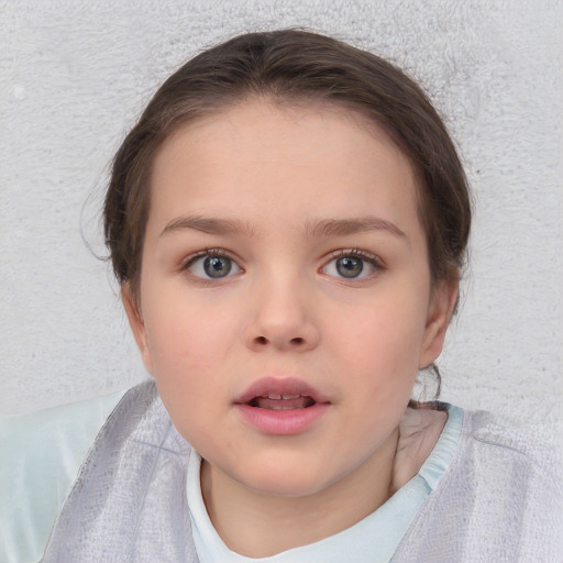 Neutral white child female with medium  brown hair and blue eyes