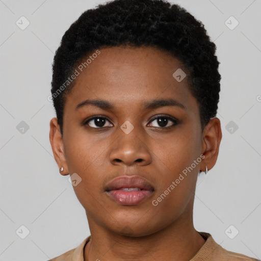 Neutral black young-adult female with short  black hair and brown eyes