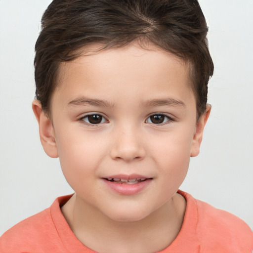 Joyful white child female with short  brown hair and brown eyes