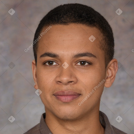 Joyful latino young-adult male with short  brown hair and brown eyes