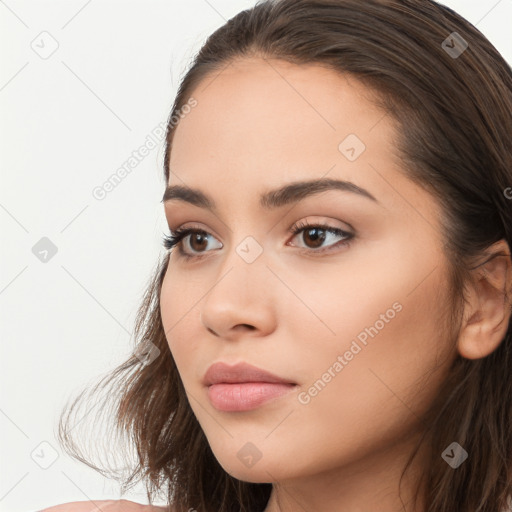 Neutral white young-adult female with long  brown hair and brown eyes